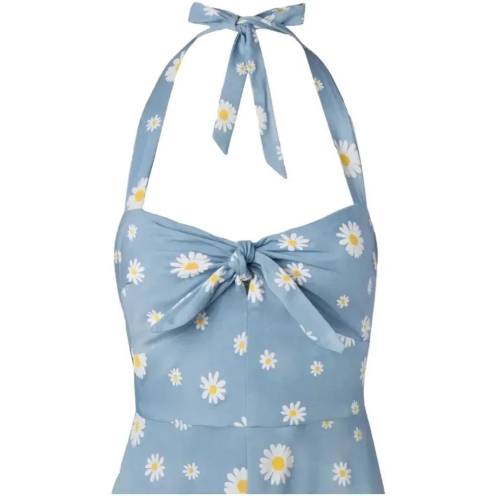 UNIQUE VINTAGE 50s Daisy Halter Swing Dress in Blue and White 1X - Picture 3 of 12